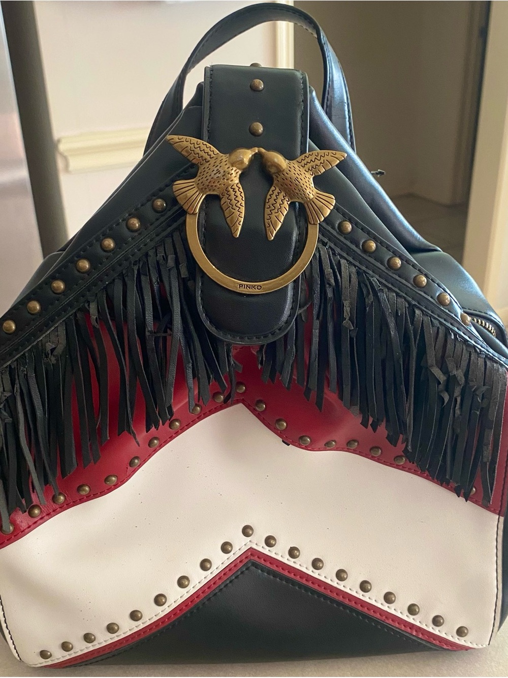 Pinko Black Red White Fringe Satchel with Gold Bird Emblem